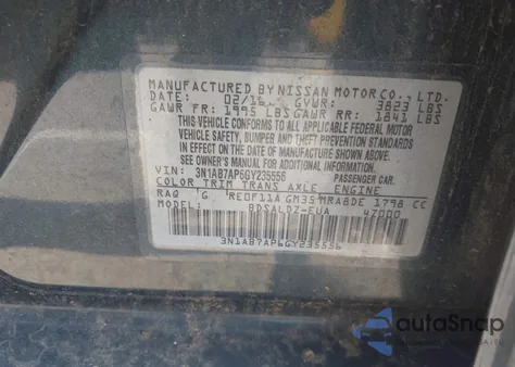 2016 Nissan Sentra Fe+ S/S/Sl/Sr/Sv z USA, uszkodzony, nr VIN 3N1AB7AP6GY235556